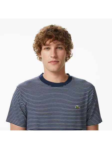 Lacoste T-Shirt Z Okrągłym Dekoltem W Paski Regular Fit granatowy