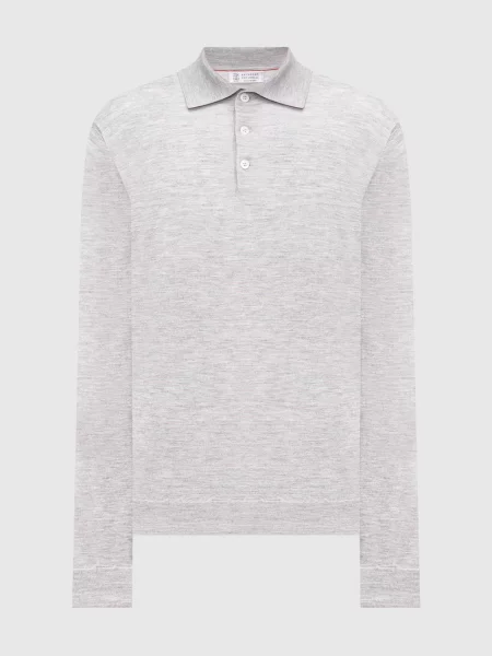 Шерстяное меланжевое поло Brunello Cucinelli с длинным рукавом серое