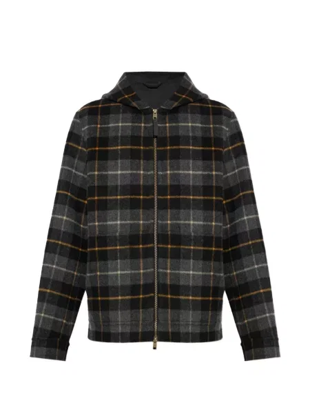 Geacă Woolrich în carouri cu glugă gri