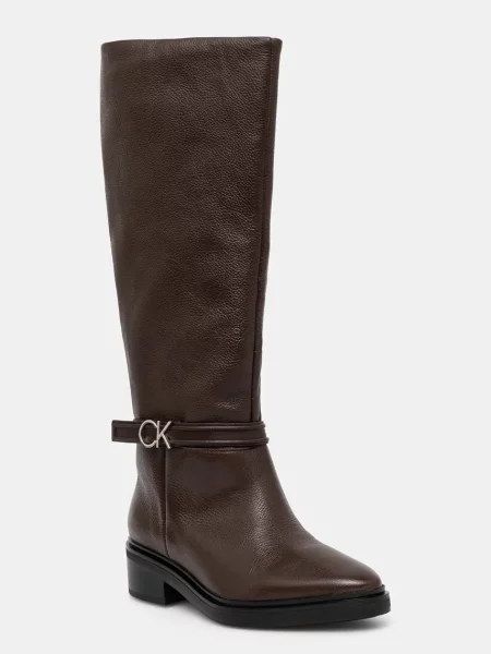 Calvin Klein bőr csizma HEEL KNEE BOOT 30 W/HW LTH barna