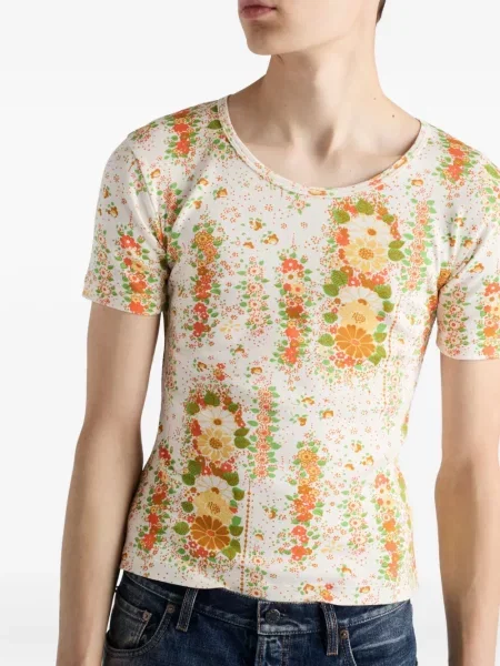 Tricou Prada cu model floral cu decolteu rotund portocaliu