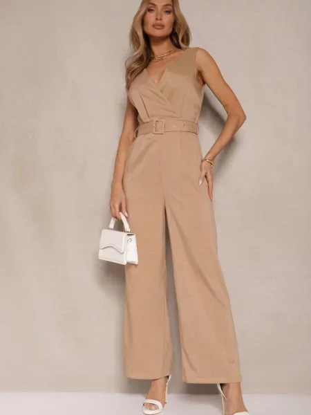 Ciemnobeżowy Kopertowy Kombinezon z Bawełną Ozdobiony Evianaria beżowy