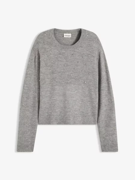 Sweter o pudełkowym kroju z błyszczącymi kaminiami szary