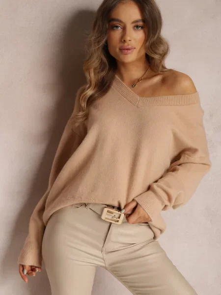 Jasnobeżowy Sweter z Oversize Conime beżowy