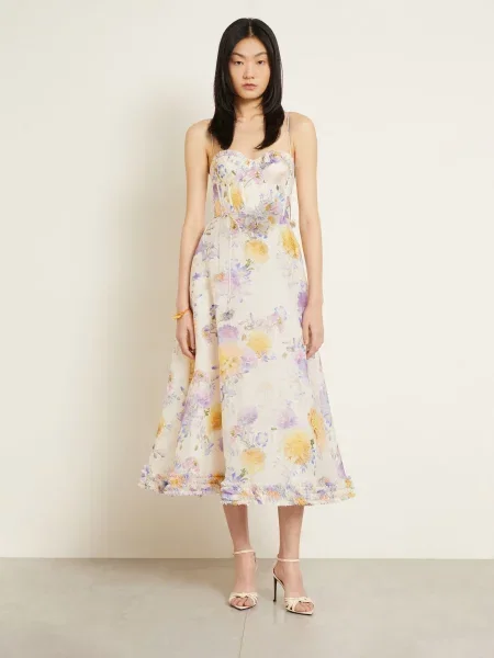 Zimmermann Sukienka Koktajlowa Luna Z Lnu I Jedwabiu weiss żółta