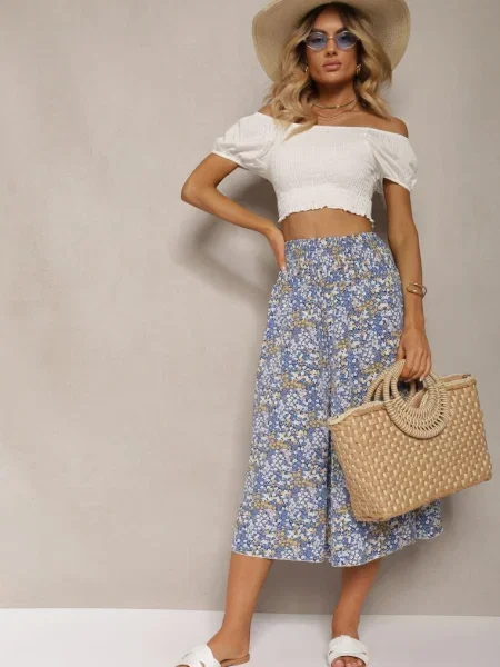 Szerokie Spodnie Culotte High Waist z Gumką w Talii Vikiisona niebieskie