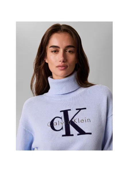Pulover Calvin Klein Jeans cu guler înalt cu autograf albastru