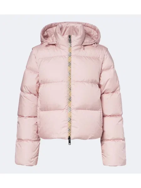 Geacă cu puf Burberry în carouri cu glugă roz