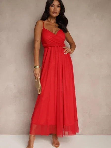 Sukienka Koktajlowa Ozdobiona Tiulowym Materiałem Deviora czerwona