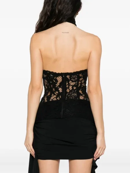 Top Manuri cu model floral din dantelă negru