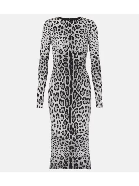 Jedwabna sukienka midi Dolce&gabbana z nadrukiem w panterkę szara