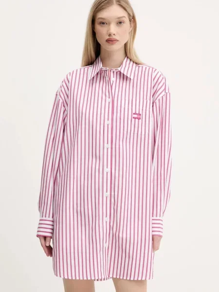 Рокля Tommy Jeans къса с уголемена кройка розово