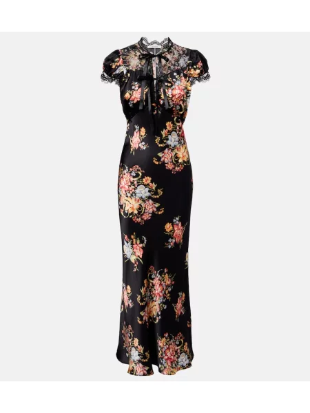 Svilena midi obleka Rodarte s cvetličnim vzorcem nad koleni črna