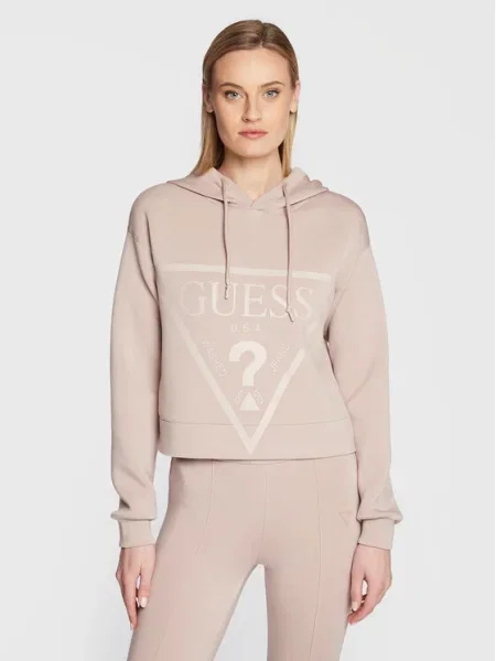 Суичър с качулка Guess с качулка с принт розово