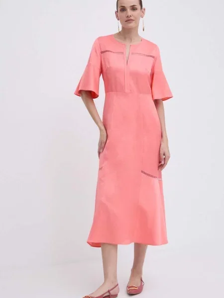 BOSS sukienka z domieszką lnu midi rozkloszowana różowy