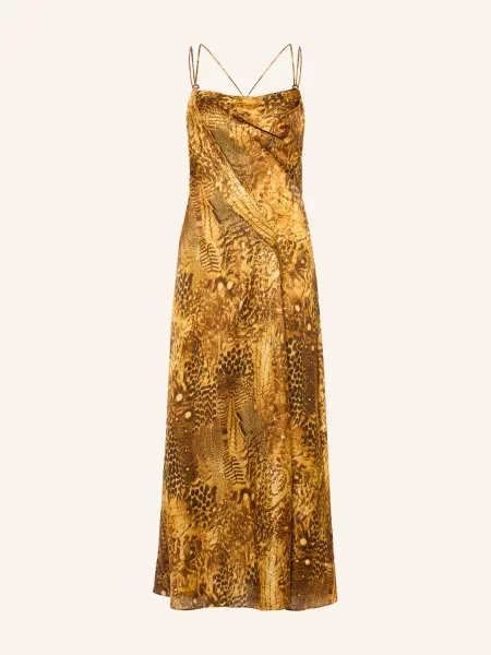 Allsaints Saténové Šaty Claire S Hedvábím zlatá / koňaková / tmavě hnědá