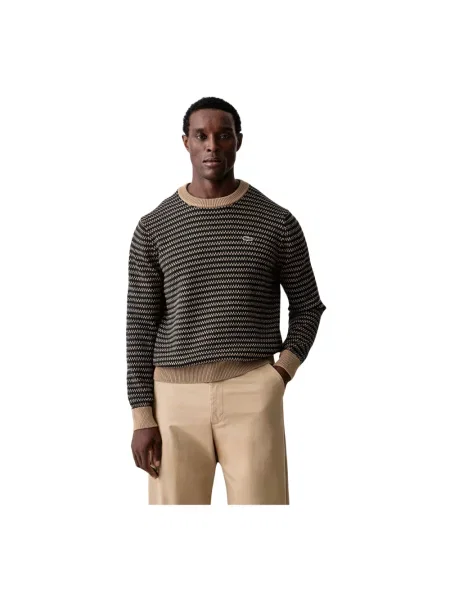 Sweter Lacoste w paski z paskiem brązowy