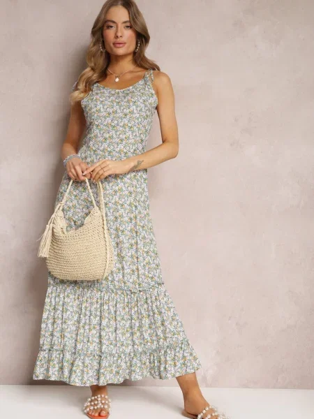 Rochie maxi cu bretele și volan Krosby verde