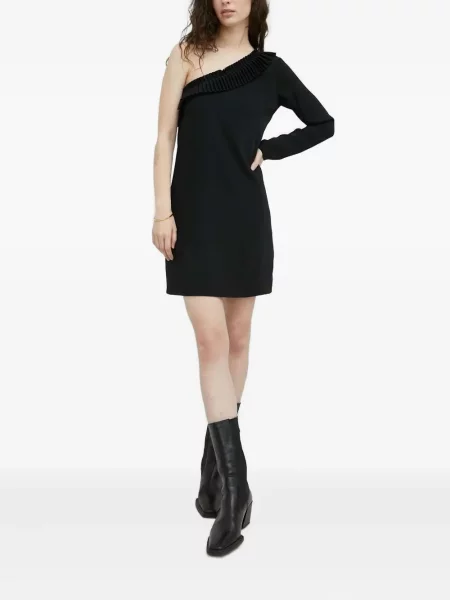 Rochie mini The Kooples plisată cu un umăr gol de costum negru