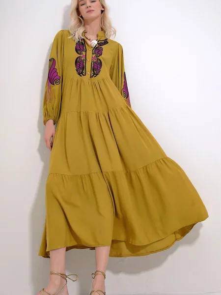 Gulerat rochie Trend Alaçatı Stili cu broderie verde
