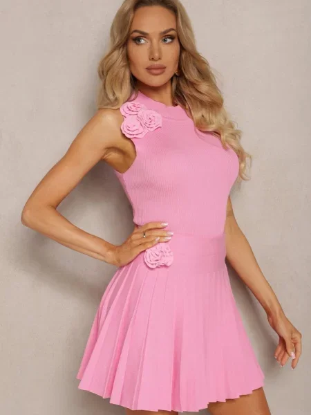 Komplet w Prążki z Ozdobnymi Kwiatami Top i Spódnica Lailawia różowy