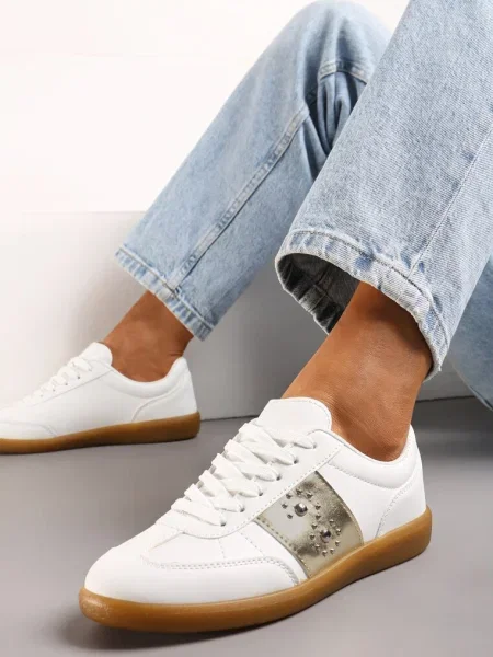 Sneakerși Alb-Aurii cu Talpă Plată cu Șiret și Inserție Decorativă Drukesti alb