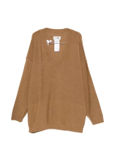 Pulover Mm6 Maison Margiela cu decolteu în V maro
