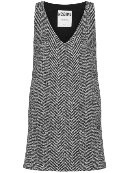 Sukienka Moschino z dekoltem w serek w jodełkę garniturowa szara