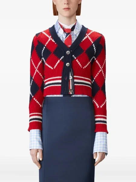 Cardigan Thom Browne cu decolteu în V cu model argyle roșu