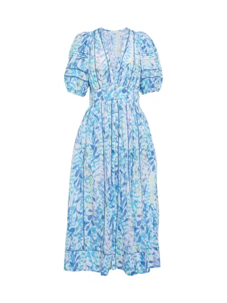 Rochie midi Poupette St Barth cu model floral până la genunchi de costum albastru