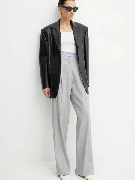 Marella pantaloni din in AUTOCAR femei fason tigareta high waist gri