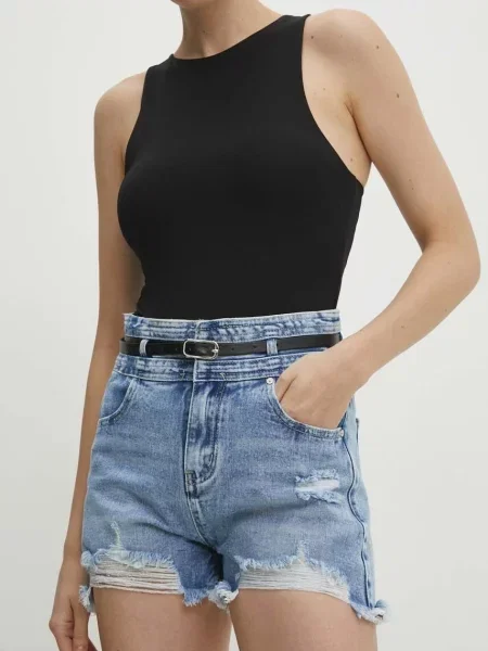 Дънков къс панталон Answear Lab с изчистен дизайн с висока талия синьо