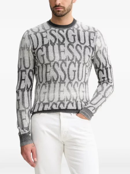 Pulover Guess cu decolteu rotund cu autograf alb