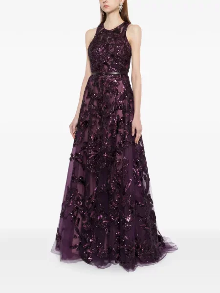 Rochie maxi Saiid Kobeisy cu broderie din tul lungă violet