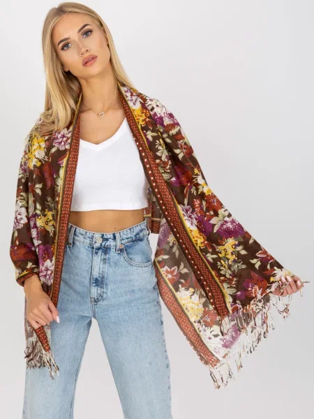 Šal Fashionhunters s cvetličnim vzorcem rjava