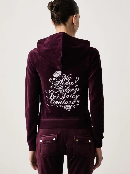 Juicy Couture hanorac cu și glugă pentru femei din velur SCRIPT REBELLE ROBYN