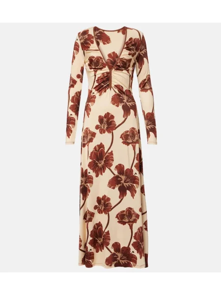 Rochie midi Johanna Ortiz cu model floral din jerseu până la genunchi bej