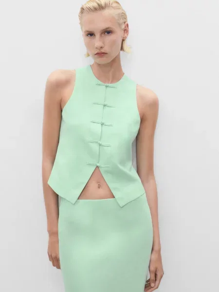 Жилет класичний MANGO світло-зелений льон/віскоза зелений