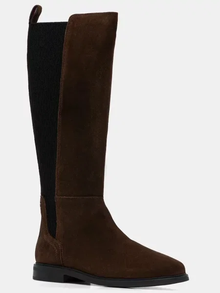 Велурени ботуши Tommy Hilfiger FLAG SUEDE LONG BOOT с равна подметка кафяво