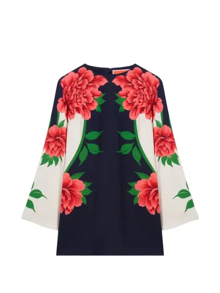 Rękaw dzwonkowy sukienka La Doublej w kwiatki garniturowa niebieska