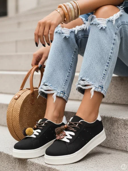 Sneakersy zamszowe z ozdobami na platformie Dstreet czarne