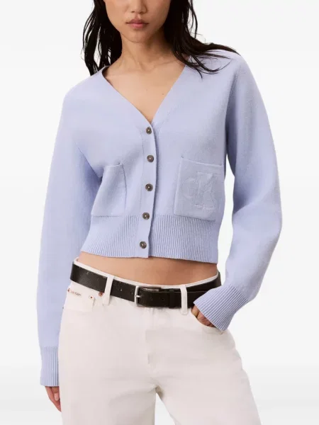 Kardigan Calvin Klein s V-izrezom s autogramom plava