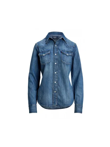 Bluzka Polo Ralph Lauren elegancka z kieszeniami na piersi niebieska