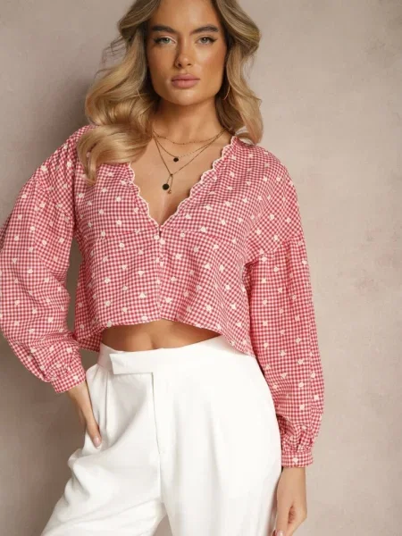 Koszula z Lekkimi Bufkami i Haftami z Dodatkiem Bawełny w Kratę Alitea czerwona