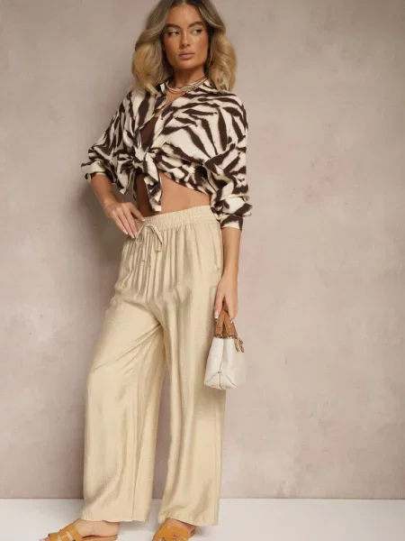 Spodnie Typu Palazzo o Szerokim Kroju High Waist Ozdobione Wiązaniem Yaslevia beżowe