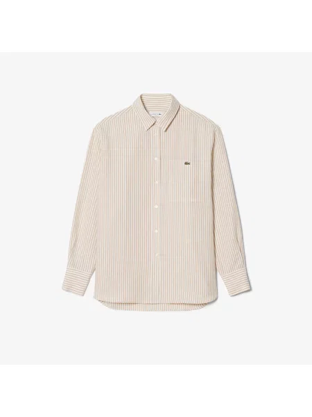 Lacoste Lniana Koszula W Paski Oversize Kremowa Kremowy
