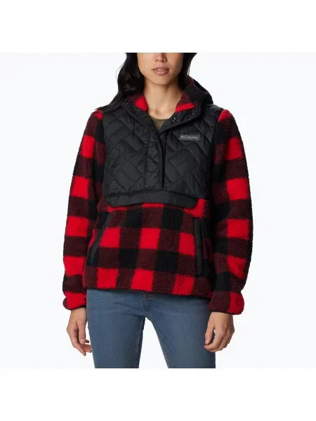 Дамски суитшърт Columbia Sweet View Fleece с качулка за трекинг черен/червен каре с лилии черно