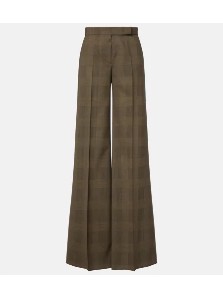 Pantaloni Max Mara de lână în carouri maro