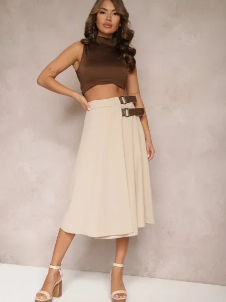 Fusta Midi Cloș Deschis cu în Talie și Imitatie Piele Helemisia bej