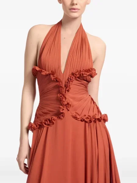 Rochie maxi Elie Saab de mătase cu decolteu în V de costum portocaliu